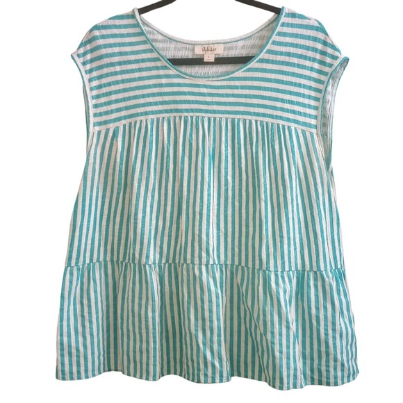 Style & Co Cotton Tiered Tank Top Green White Stripe Size Large - Picture 1 of 5